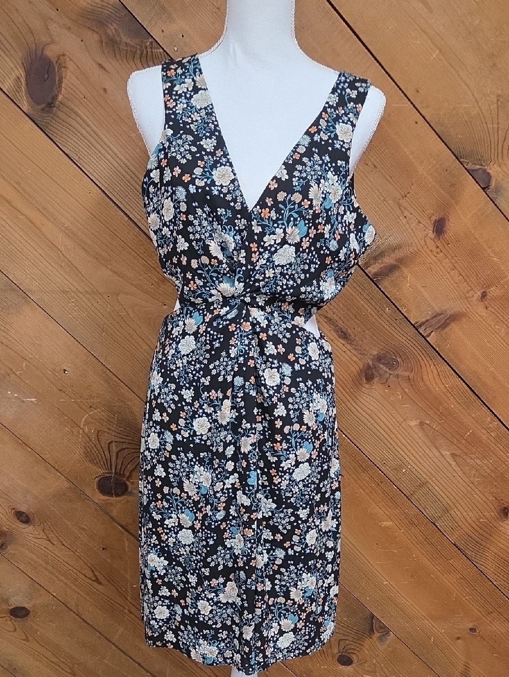 Floral Tie-Waist Black Dress with Blue and Cream Flowers